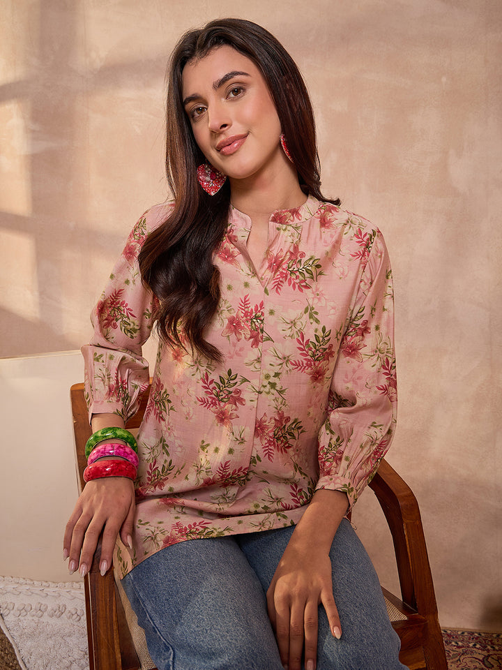 Pink Floral Printed Silk Blend Tops
