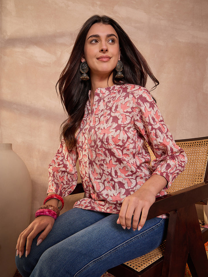 Cream Floral Printed Cotton Blend Tops