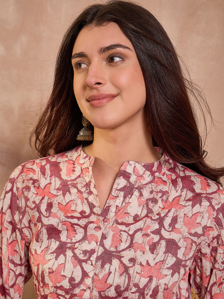 Cream Floral Printed Cotton Blend Tops