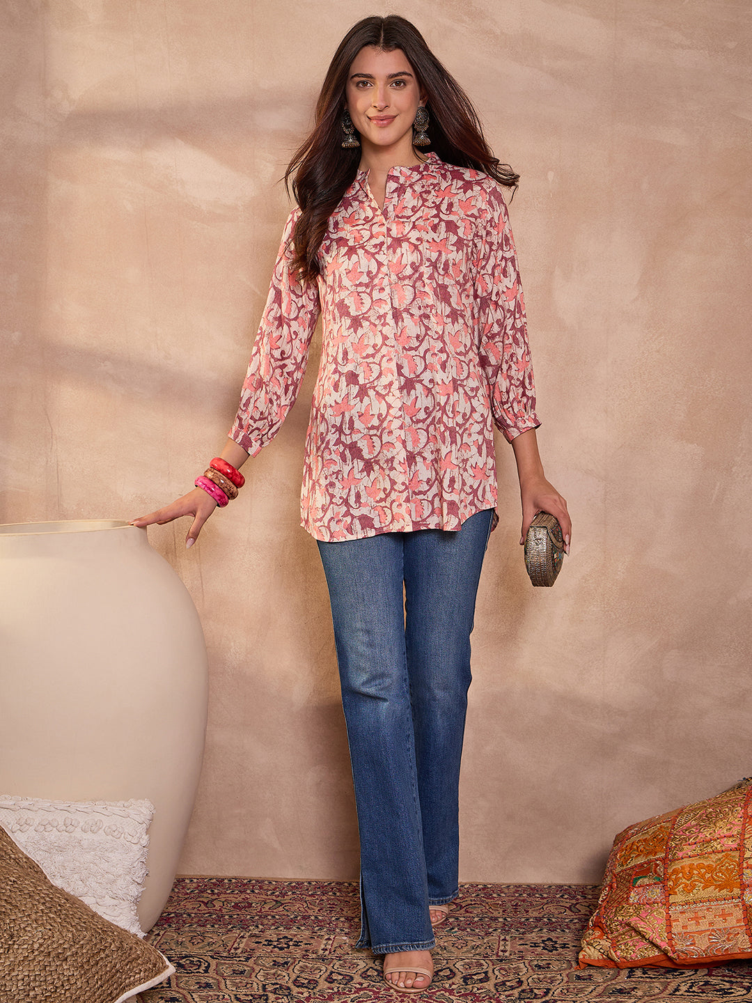 Cream Floral Printed Cotton Blend Tops