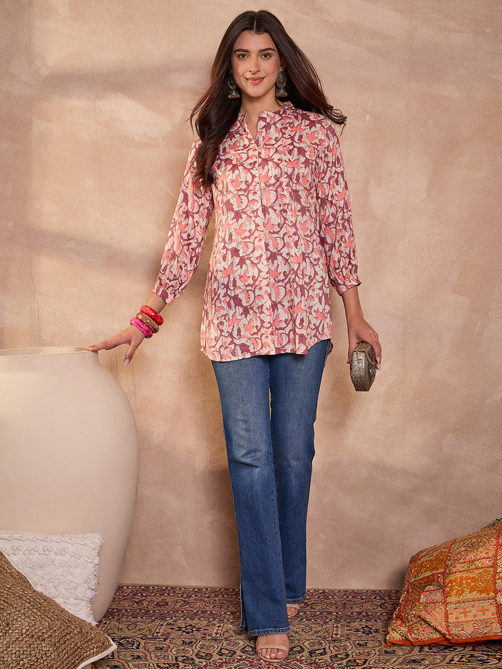 Cream Floral Printed Cotton Blend Tops