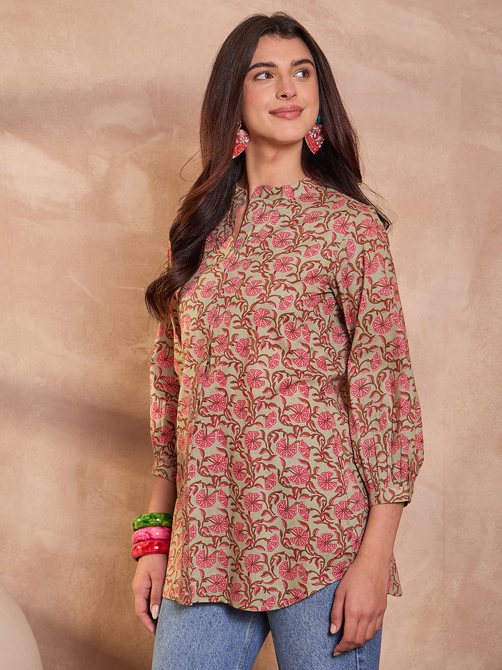Green Floral Printed Cotton Tops