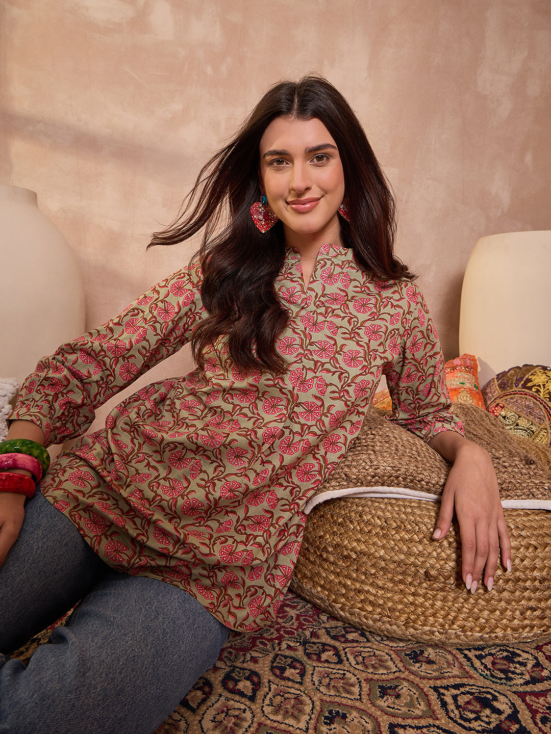 Green Floral Printed Cotton Tops