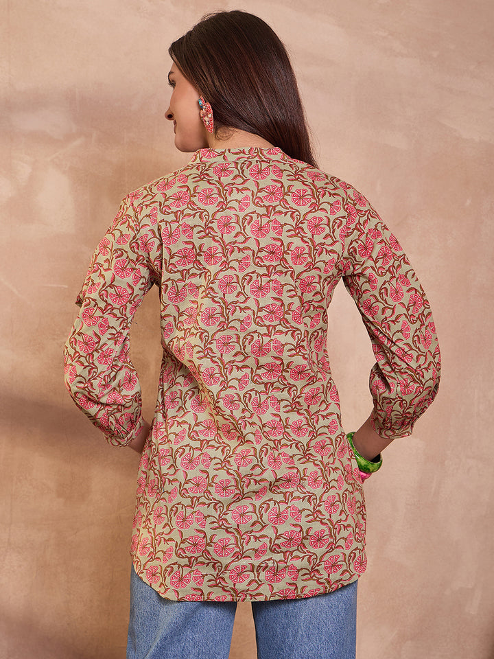 Green Floral Printed Cotton Tops