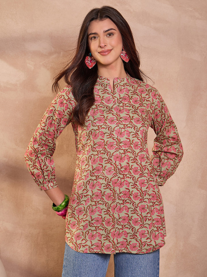Green Floral Printed Cotton Tops