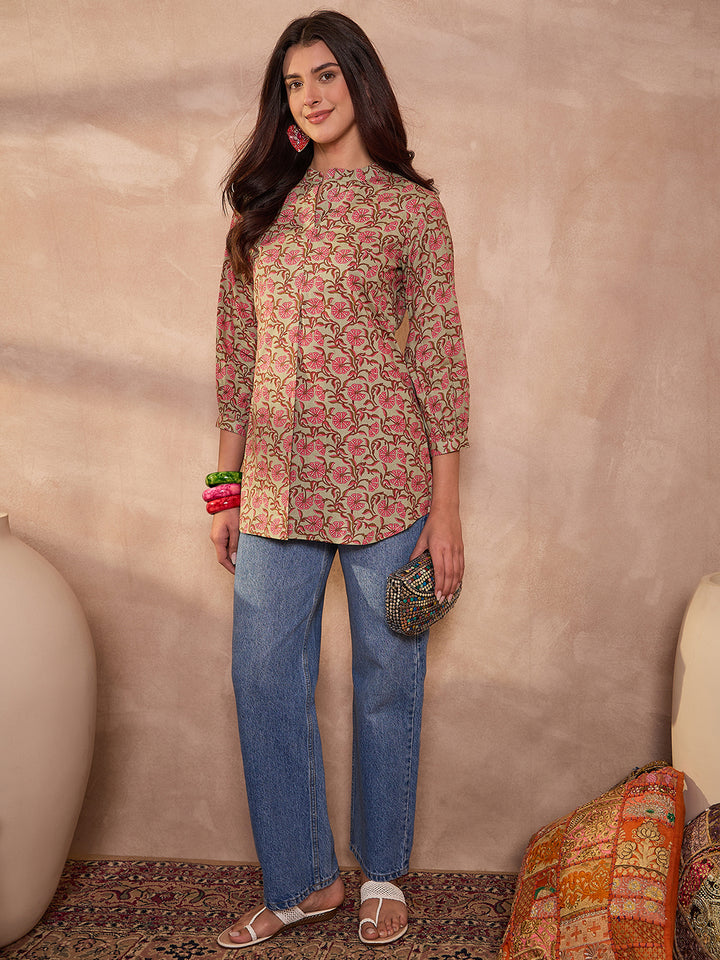 Green Floral Printed Cotton Tops