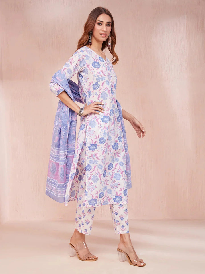 Violet-&-White-Cotton-Floral-Print-V-Neck-3-Piece-Kurta-Set