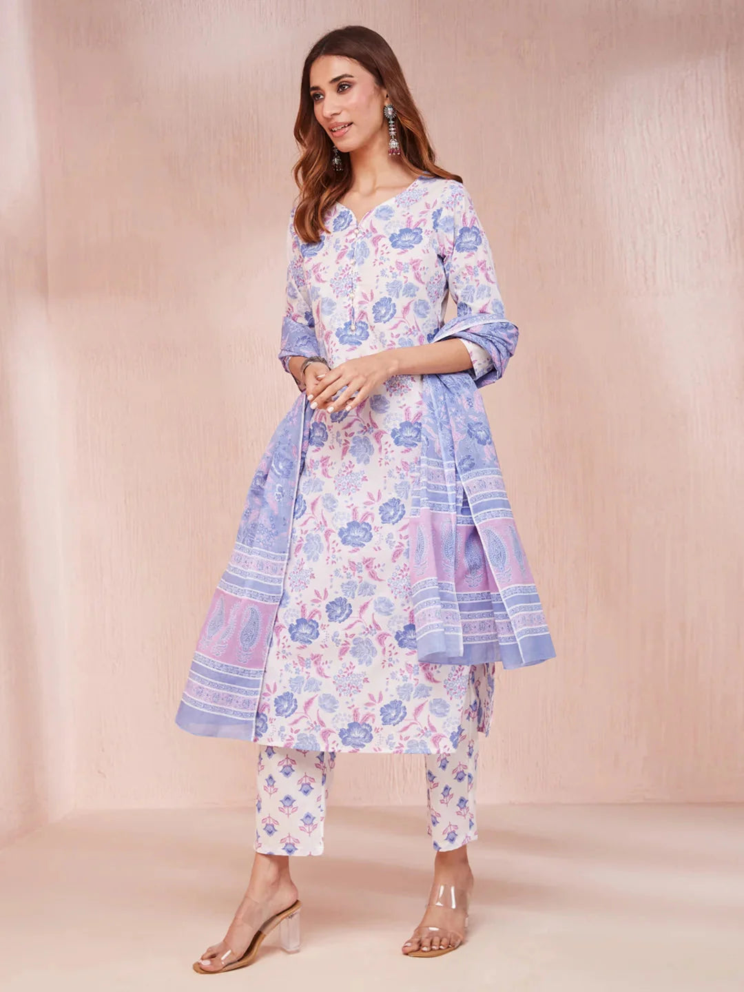 Violet-&-White-Cotton-Floral-Print-V-Neck-3-Piece-Kurta-Set