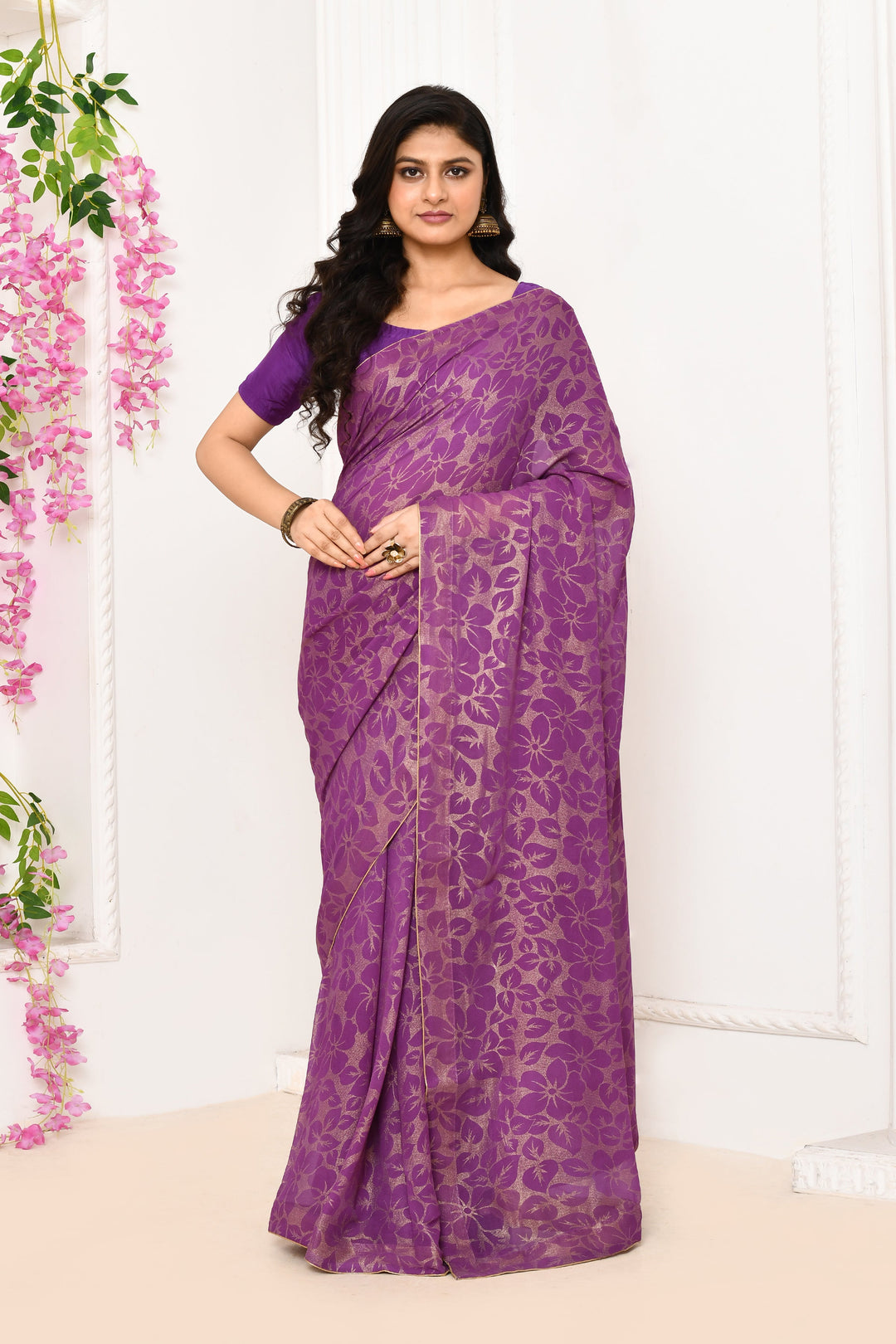 ZERESOUQ-Violet-Chiffon-Tissue-Saree-With-Golden-Self-Print