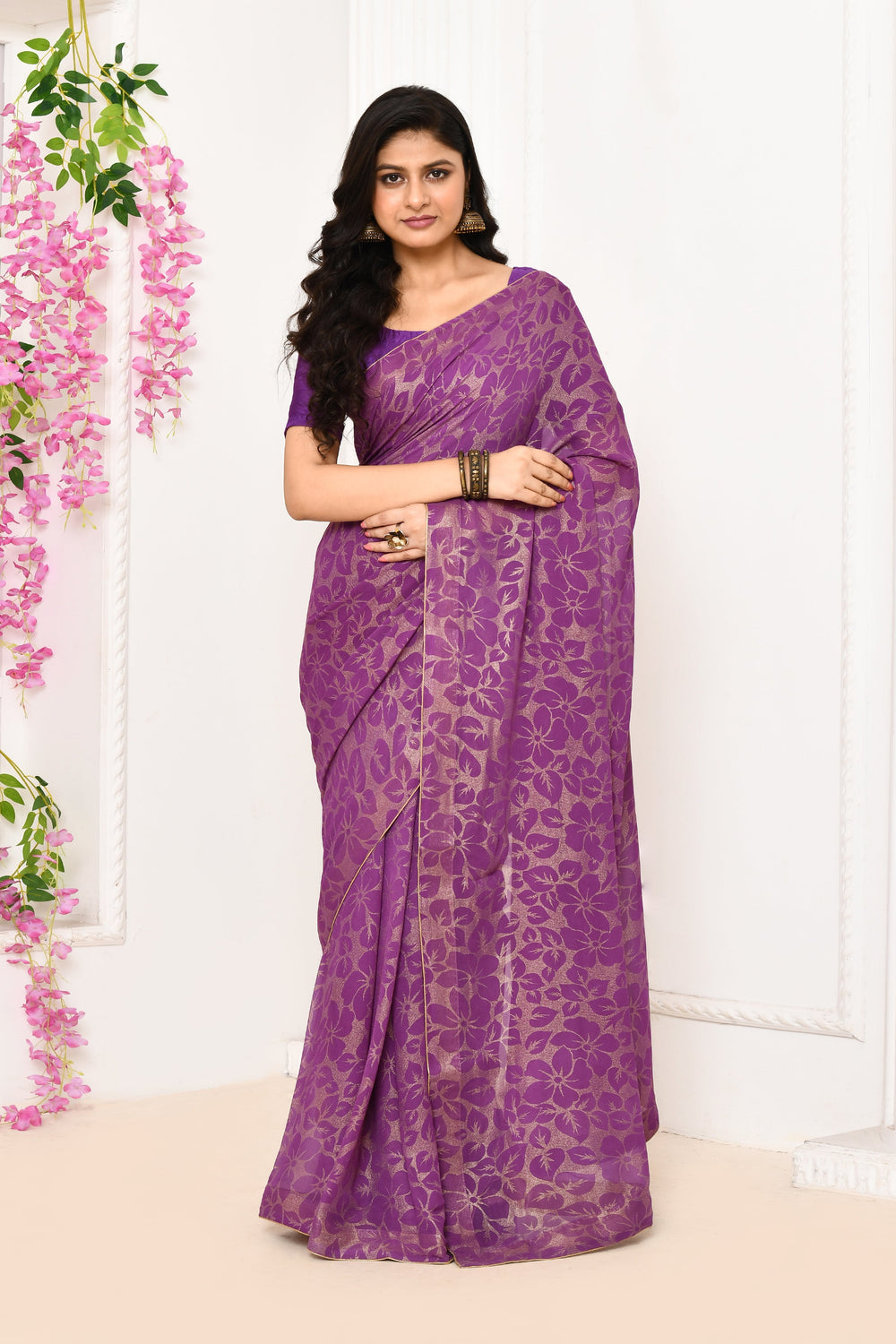 ZERESOUQ-Violet-Chiffon-Tissue-Saree-With-Golden-Self-Print