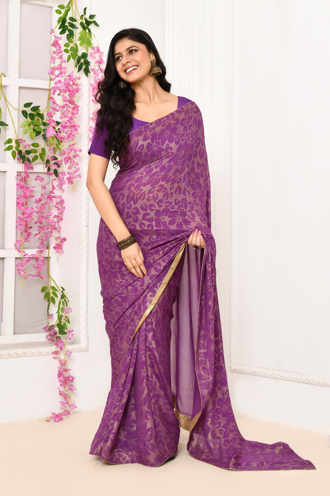 Violet-Chiffon-Tissue-Saree-With-Golden-Self-Print