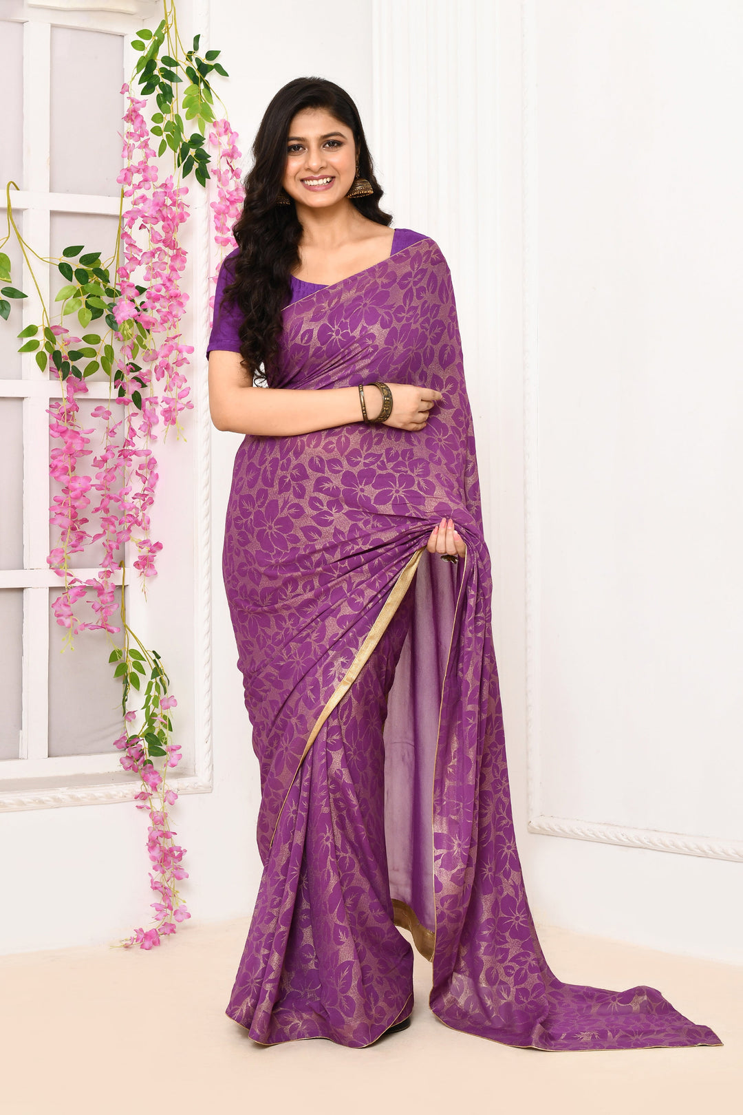 Violet-Chiffon-Tissue-Saree-With-Golden-Self-Print