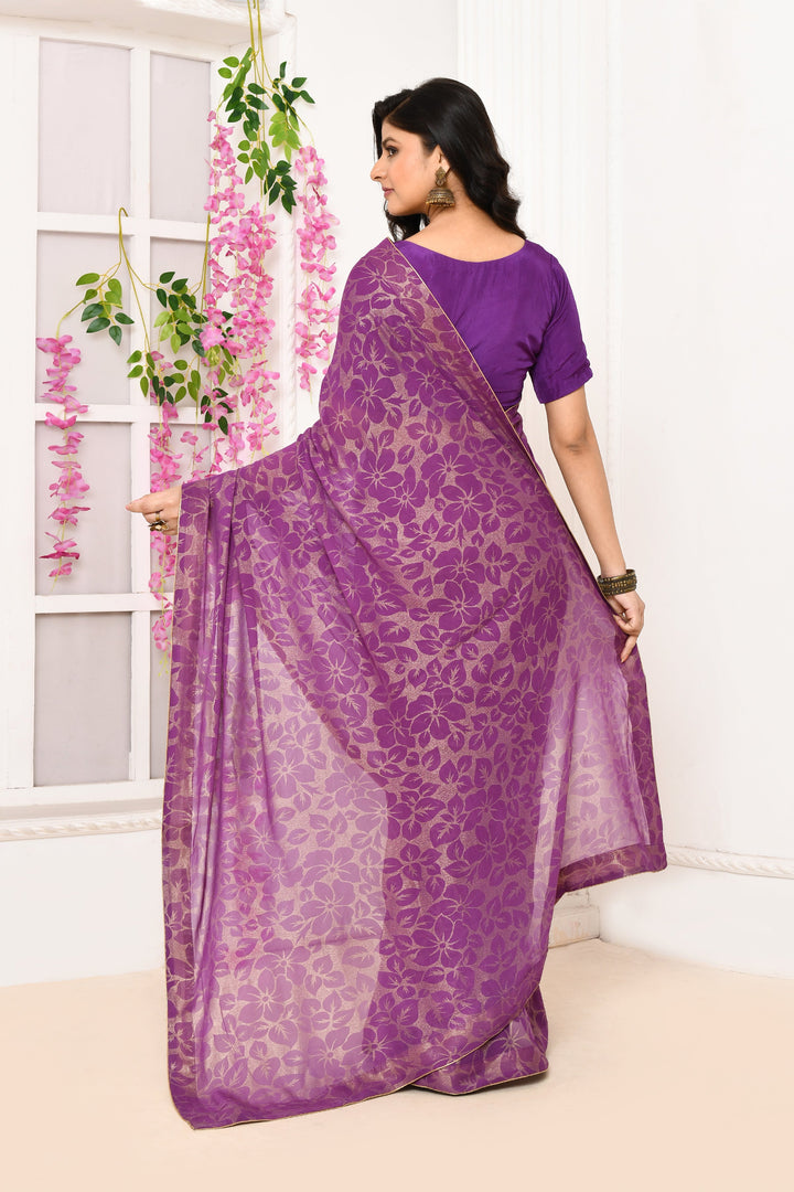 Violet-Chiffon-Tissue-Saree-With-Golden-Self-Print