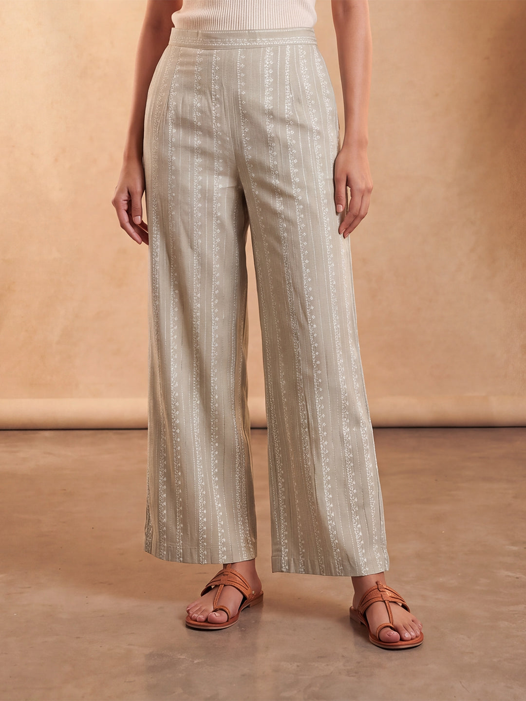 Beige Foil Solid Trouser