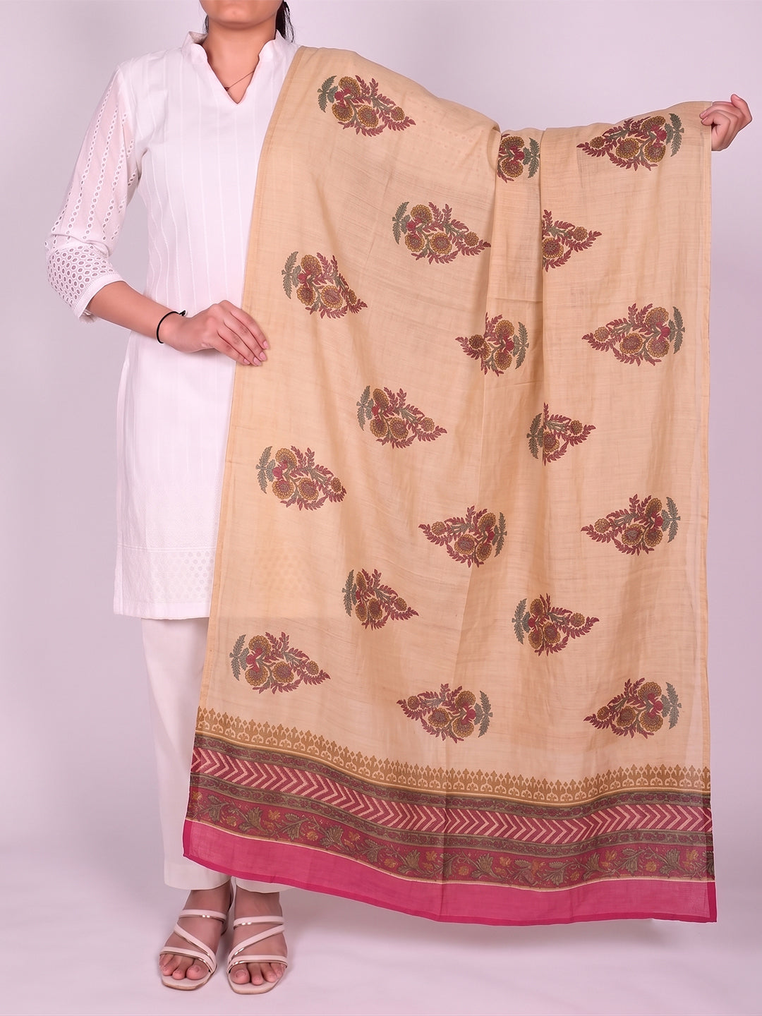 Beige Floral Printed Dupatta