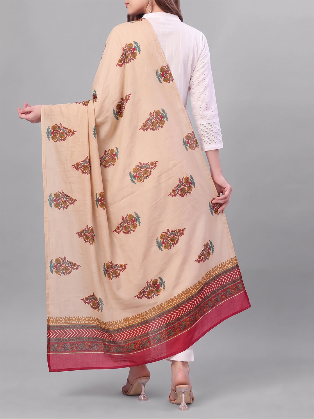 Beige Floral Printed Dupatta