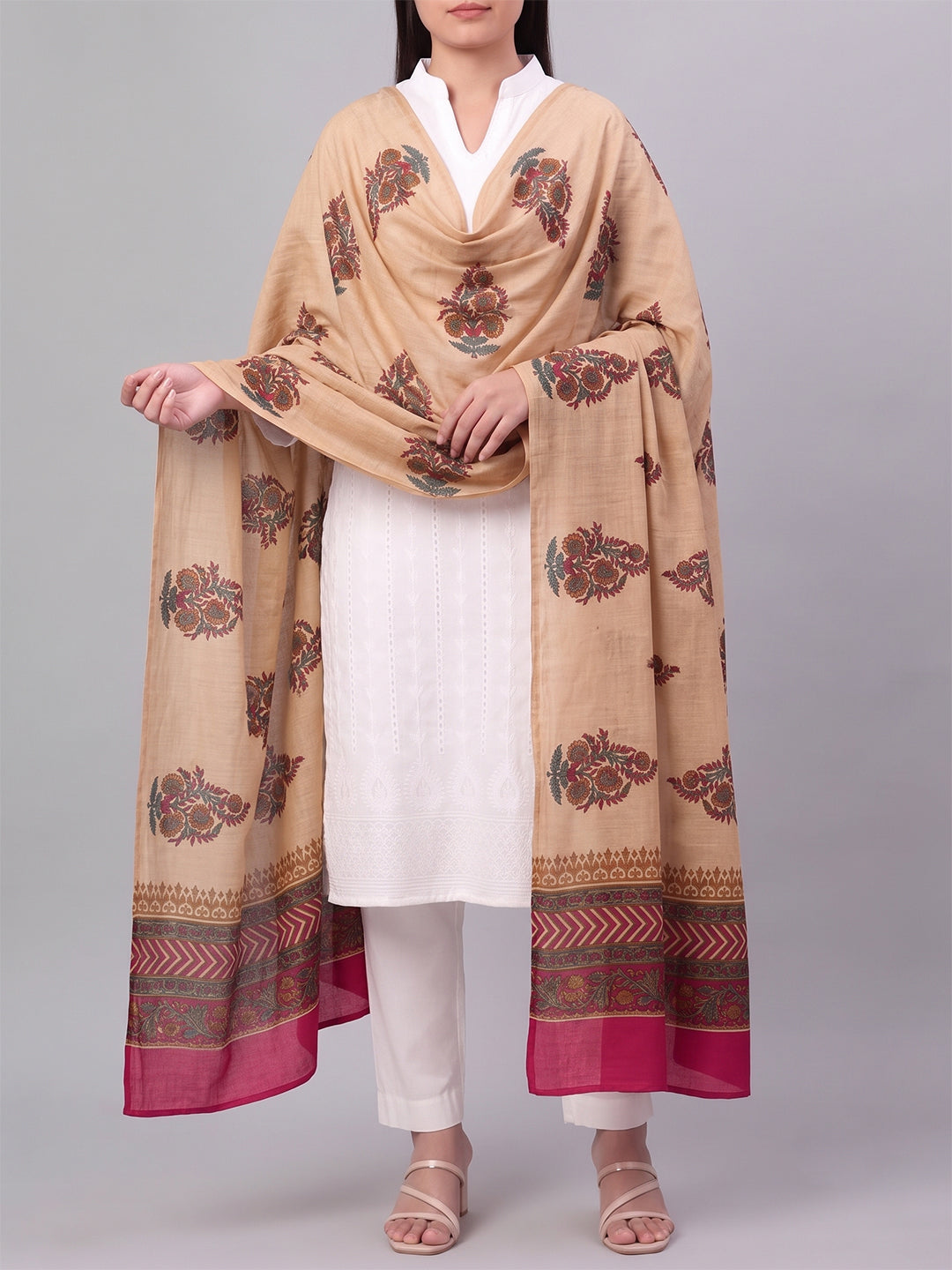 Beige Floral Printed Dupatta