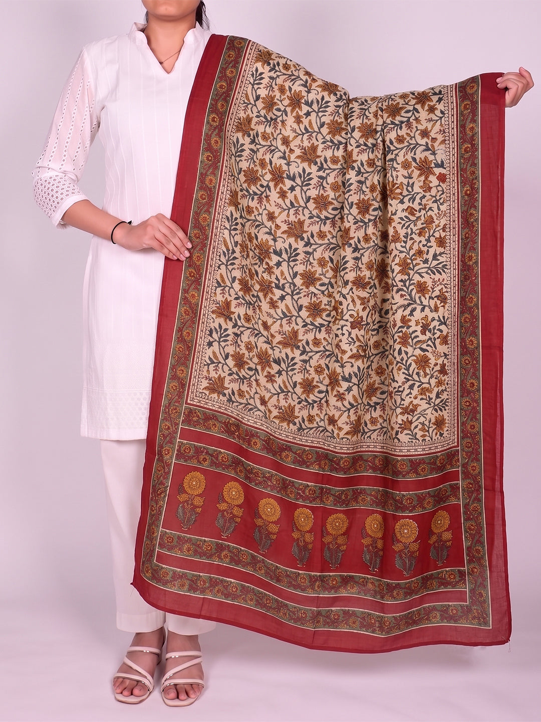 Beige Floral Printed Dupatta