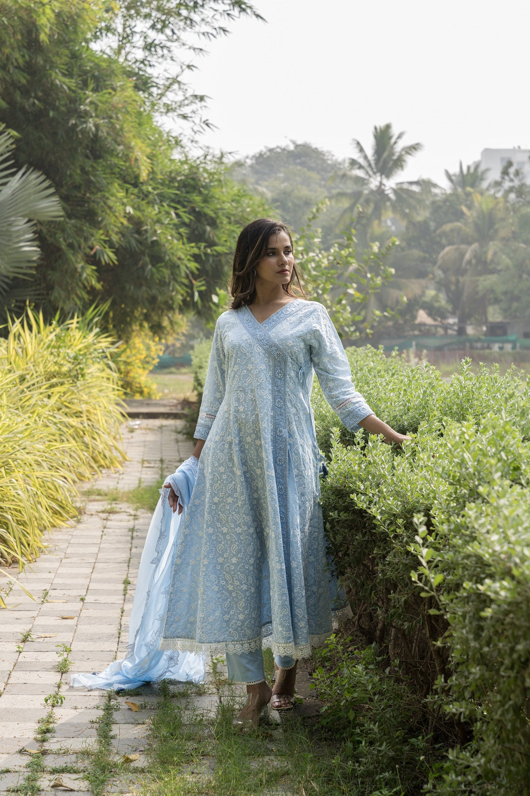 Blue-Pure-Cotton-Angrakha-Chikankari--3-Piece-Kurta-Set