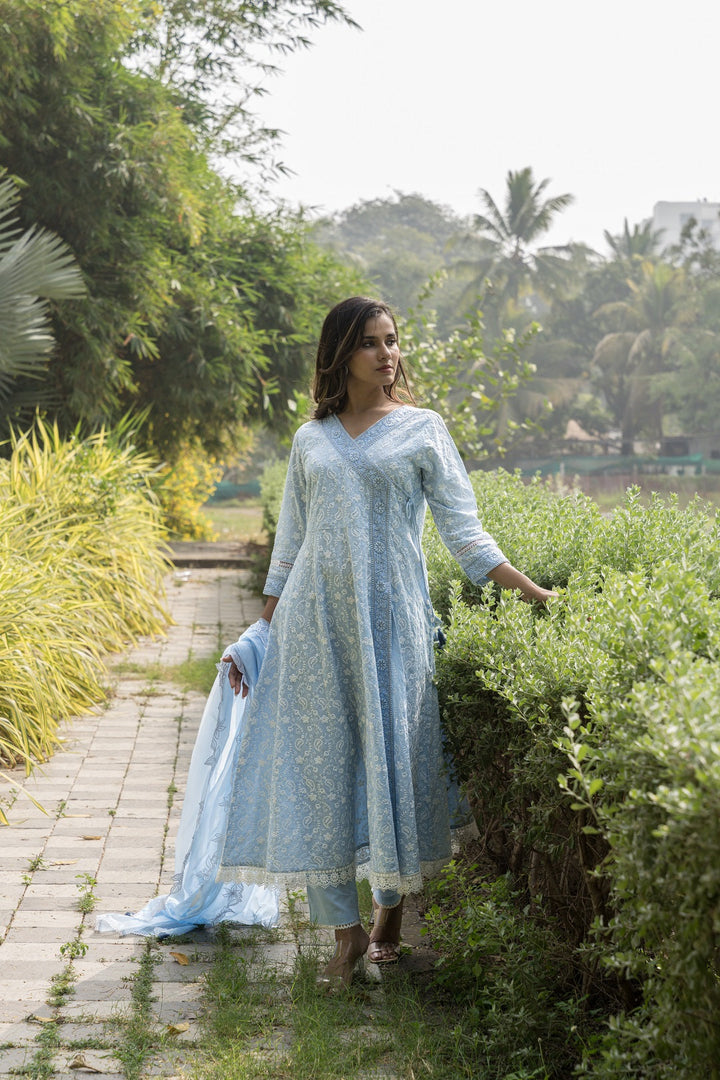 Blue-Pure-Cotton-Angrakha-Chikankari--3-Piece-Kurta-Set