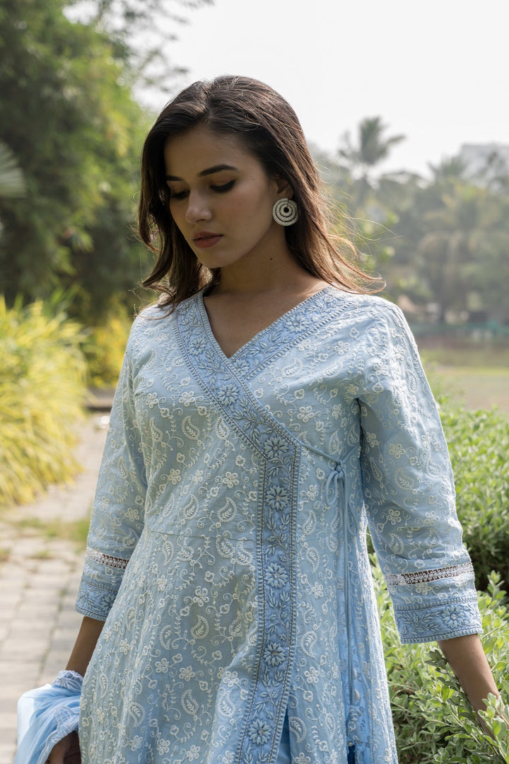 Blue-Pure-Cotton-Angrakha-Chikankari--3-Piece-Kurta-Set