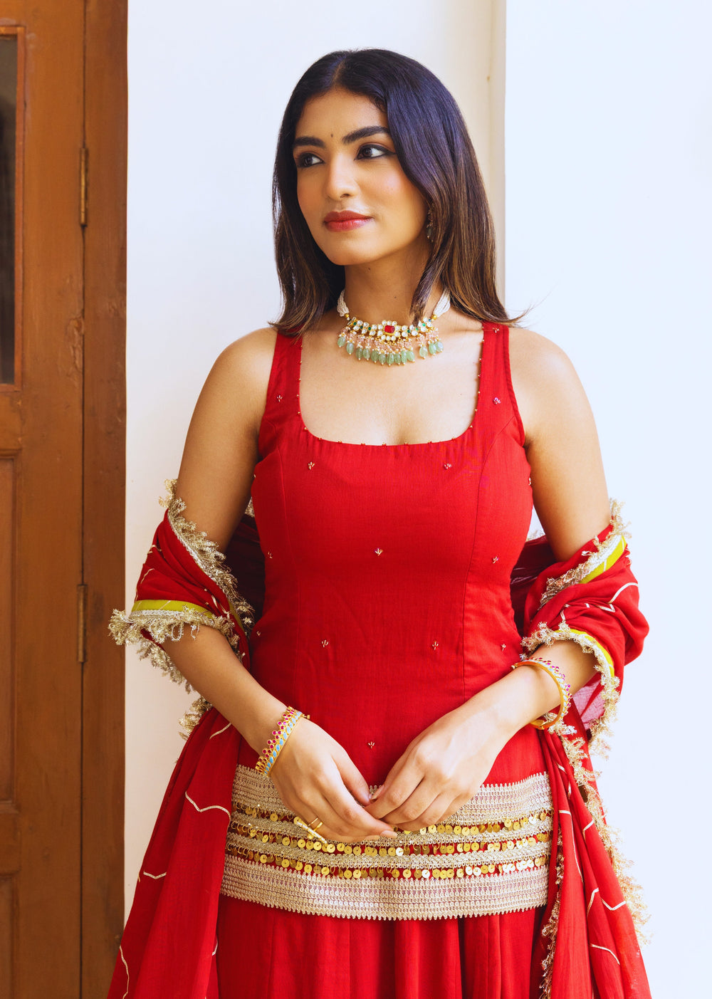 Kumkum-Red-Mulmul-Short-Kurta-With-Skirt