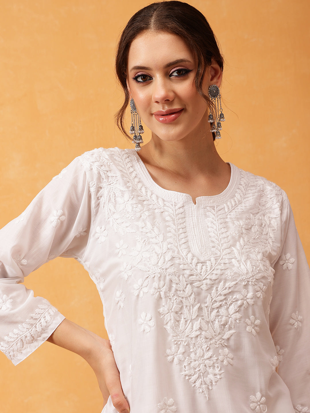 Peach & White Authentic Muslin Chikankari Tunic