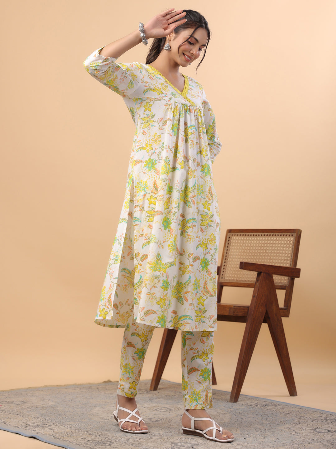 White-Cambric-Floral-Print-A-Line-2-Piece-Kurta-Set