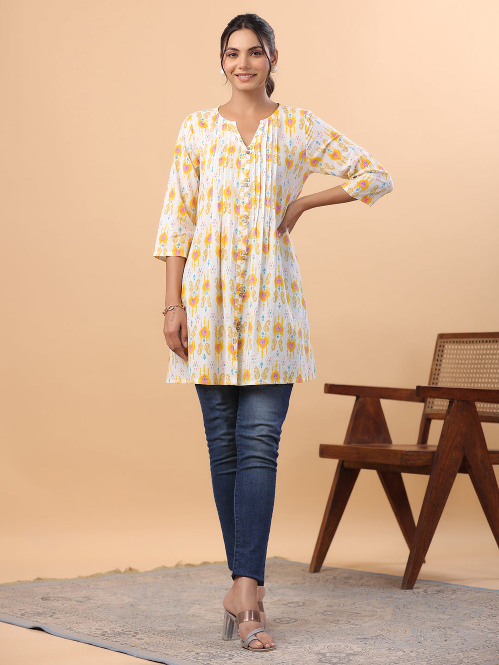 ZERESOUQ-White-Cambric-Ikkat-Printed-Pleated-Tunic