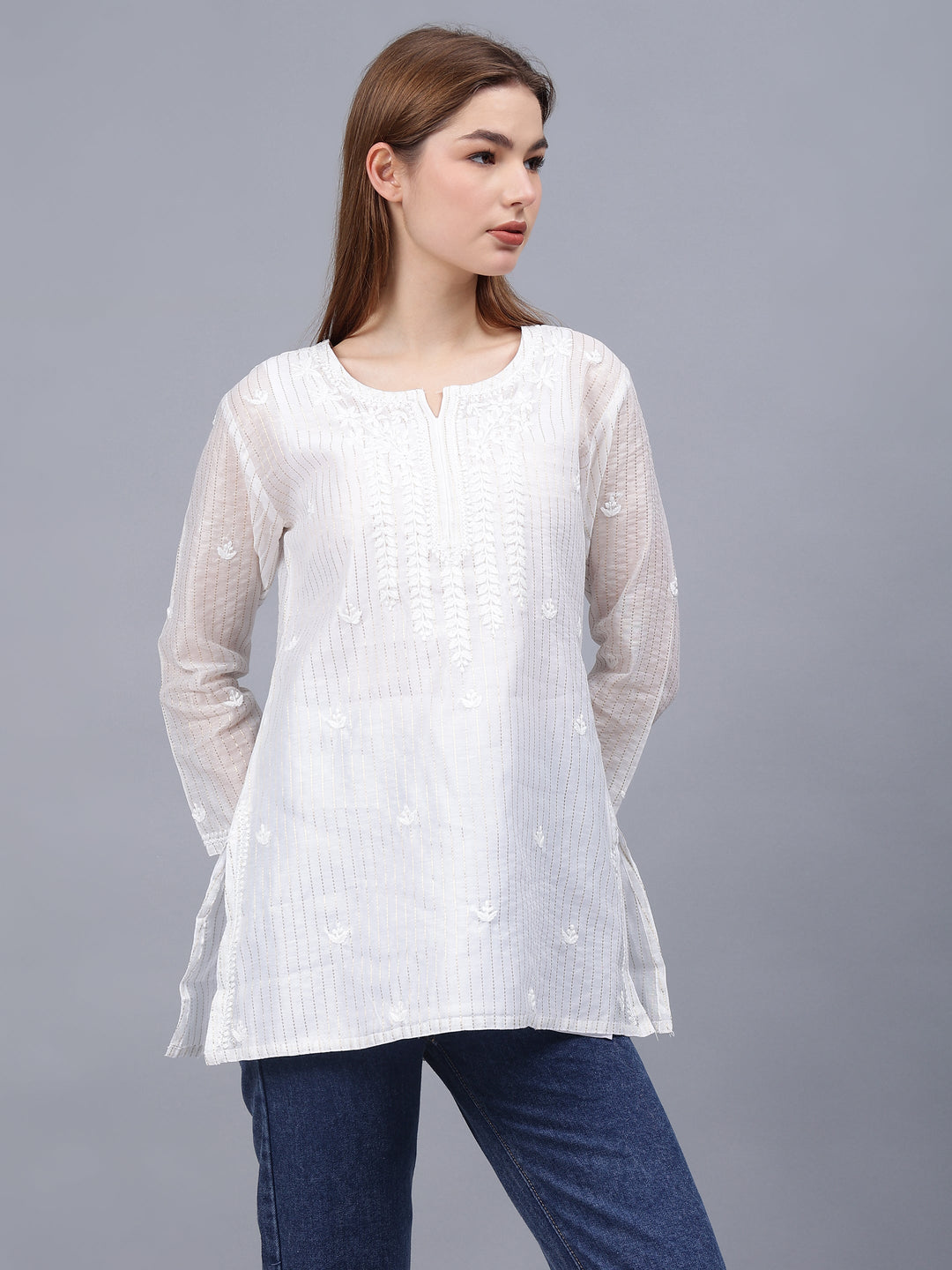 White-Chanderi-Embroidered-Chikankari-Tunic-With-Slip