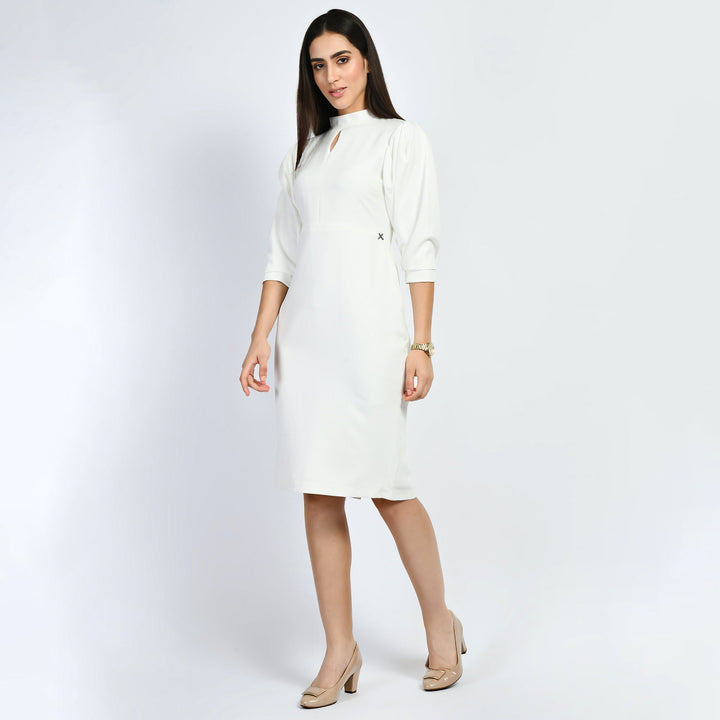 White-Cotton-Blend-Allure-Puffed-Sleeves-Sheath-Dress