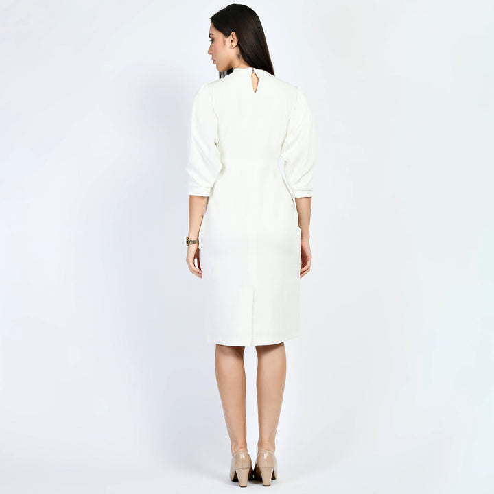 White-Cotton-Blend-Allure-Puffed-Sleeves-Sheath-Dress