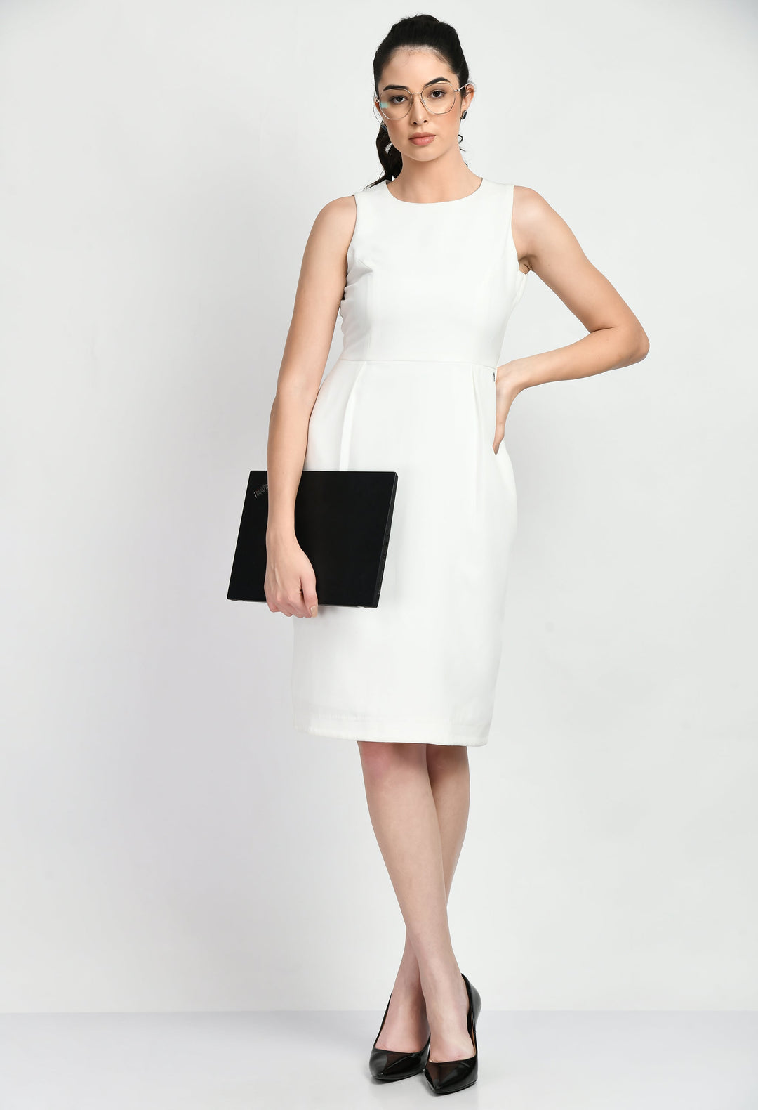 White-Cotton-Blend-Courage-Sleeveless-Sheath-Dress