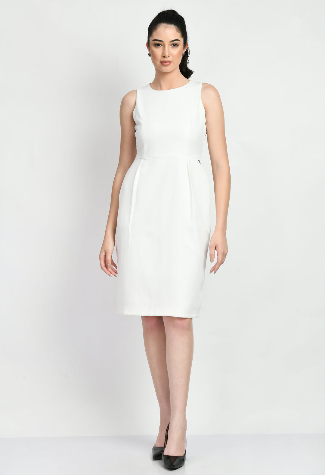 White-Cotton-Blend-Courage-Sleeveless-Sheath-Dress