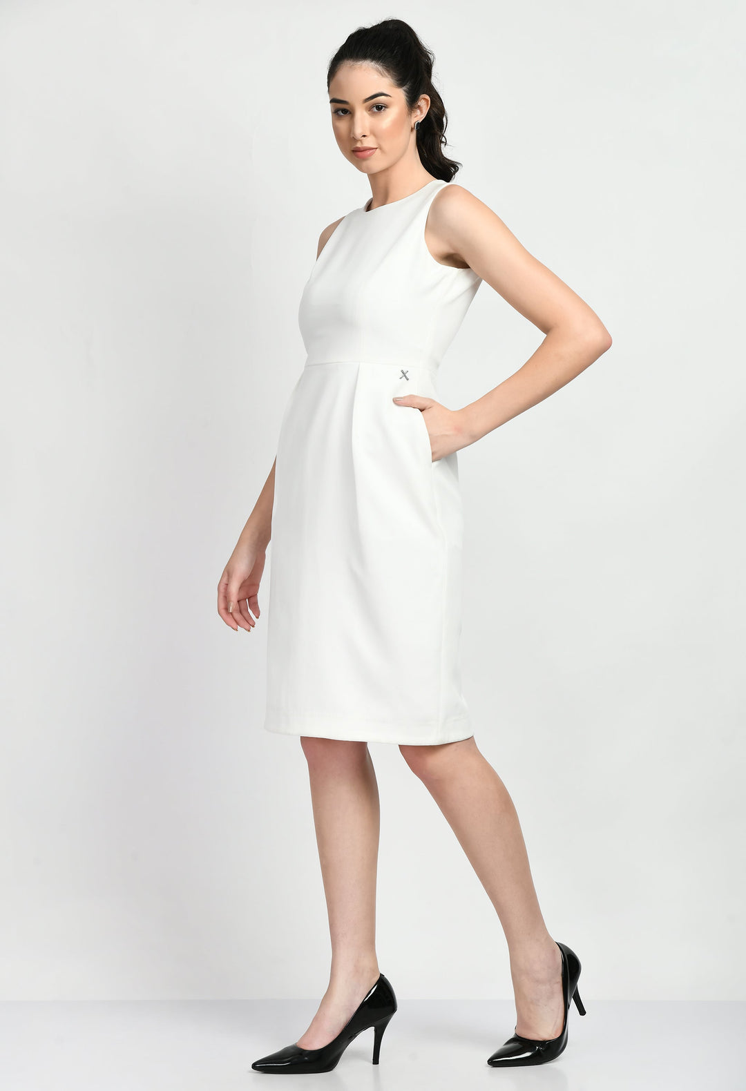 White-Cotton-Blend-Courage-Sleeveless-Sheath-Dress