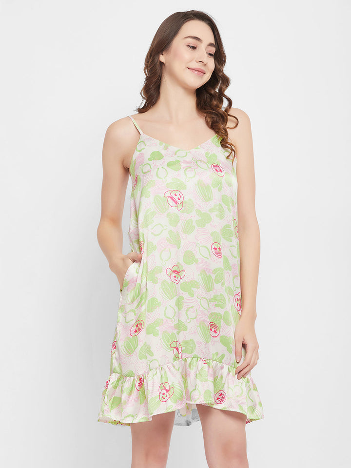 White-Cotton-Cactus-&-Emoji-Print-Short-Night-Dress