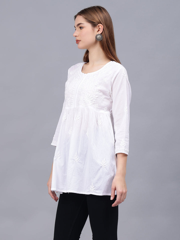 White-Cotton-Embroidered-Chikankari-A-Line-Top