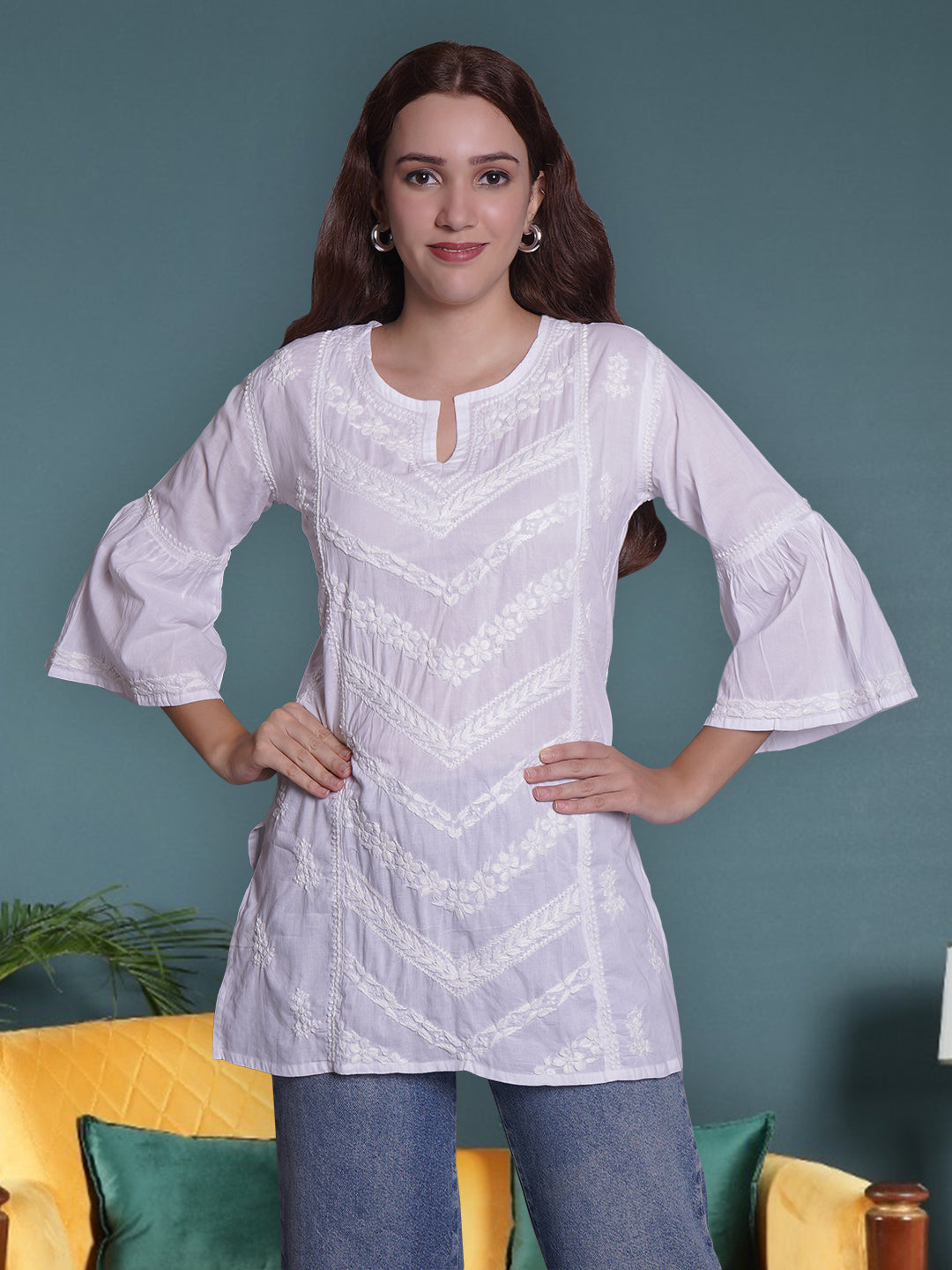 White-Cotton-Embroidered-Chikankari-Short-Tunic