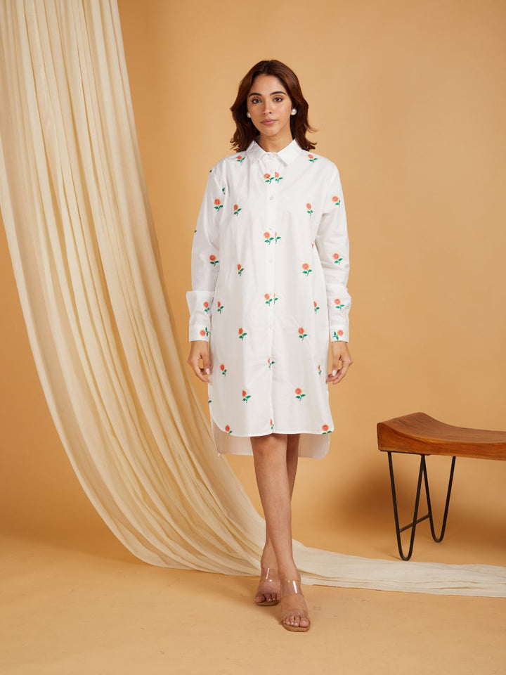 White-Cotton-Embroidered-High-And-Low-Shirt-Dress