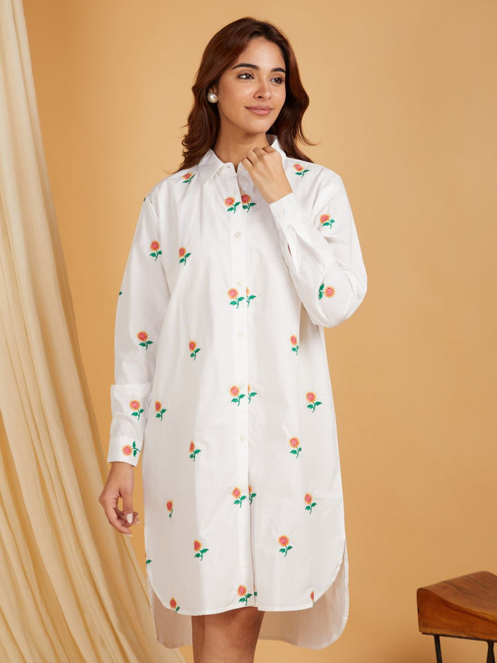 White-Cotton-Embroidered-High-And-Low-Shirt-Dress