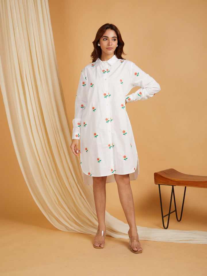 White-Cotton-Embroidered-High-And-Low-Shirt-Dress