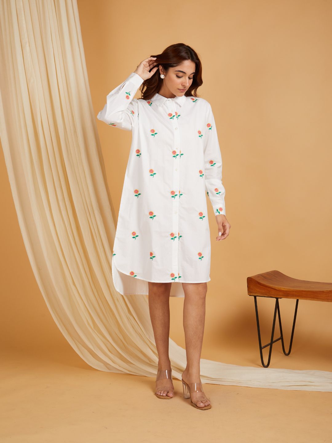 White-Cotton-Embroidered-High-And-Low-Shirt-Dress