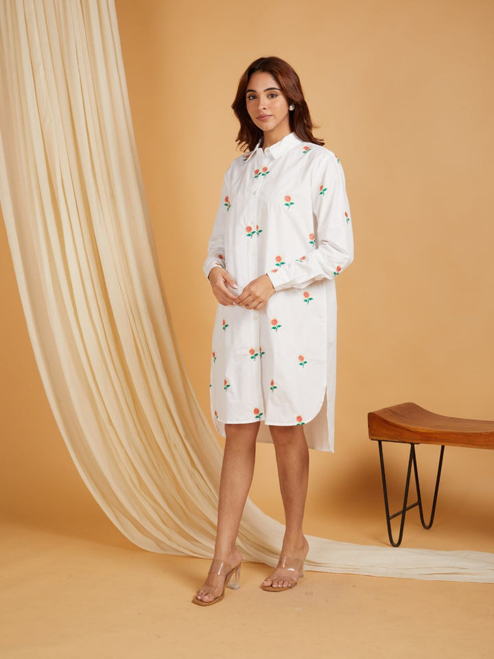 White-Cotton-Embroidered-High-And-Low-Shirt-Dress