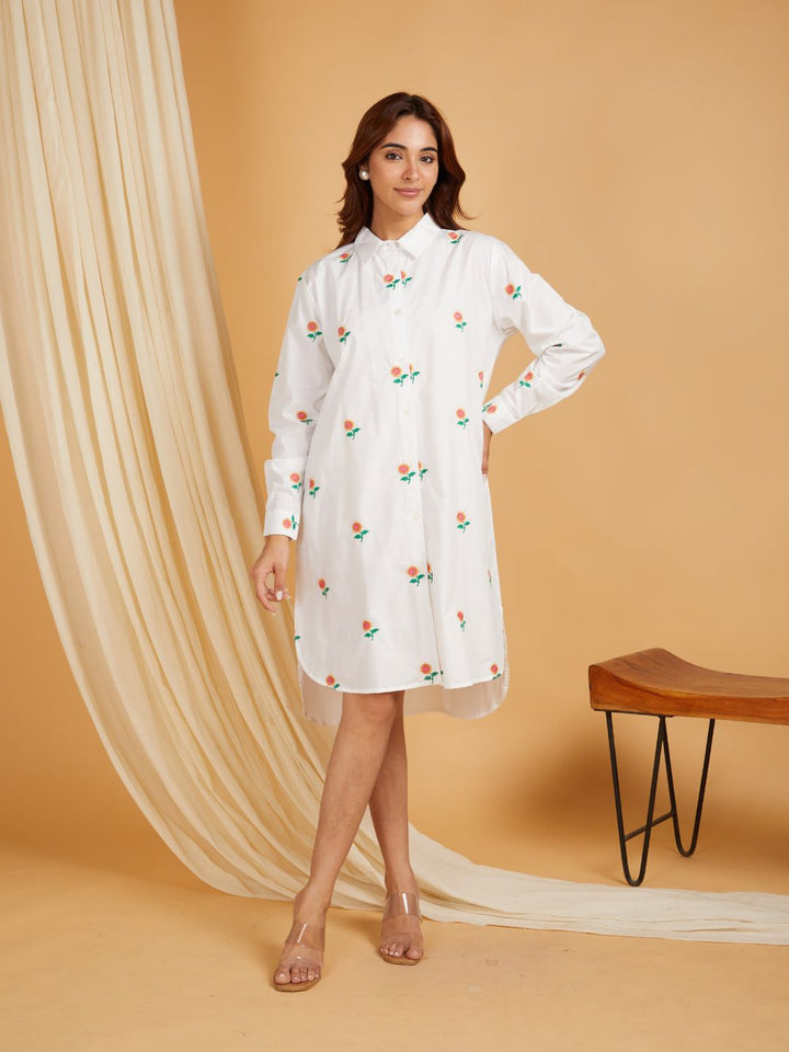 White-Cotton-Embroidered-High-And-Low-Shirt-Dress