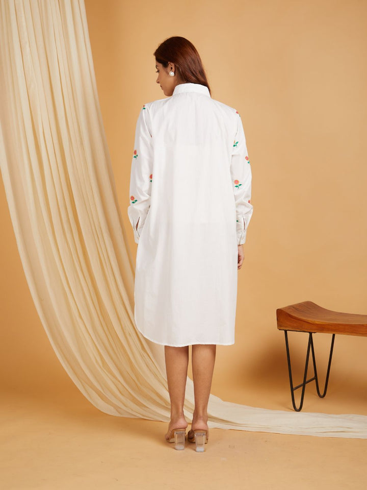 White-Cotton-Embroidered-High-And-Low-Shirt-Dress