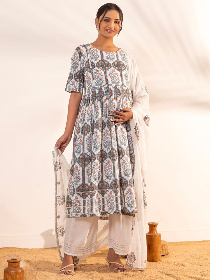 ZERESOUQ-White-Cotton-Floral-Printed-Flared-3-Piece-Kurta-Set