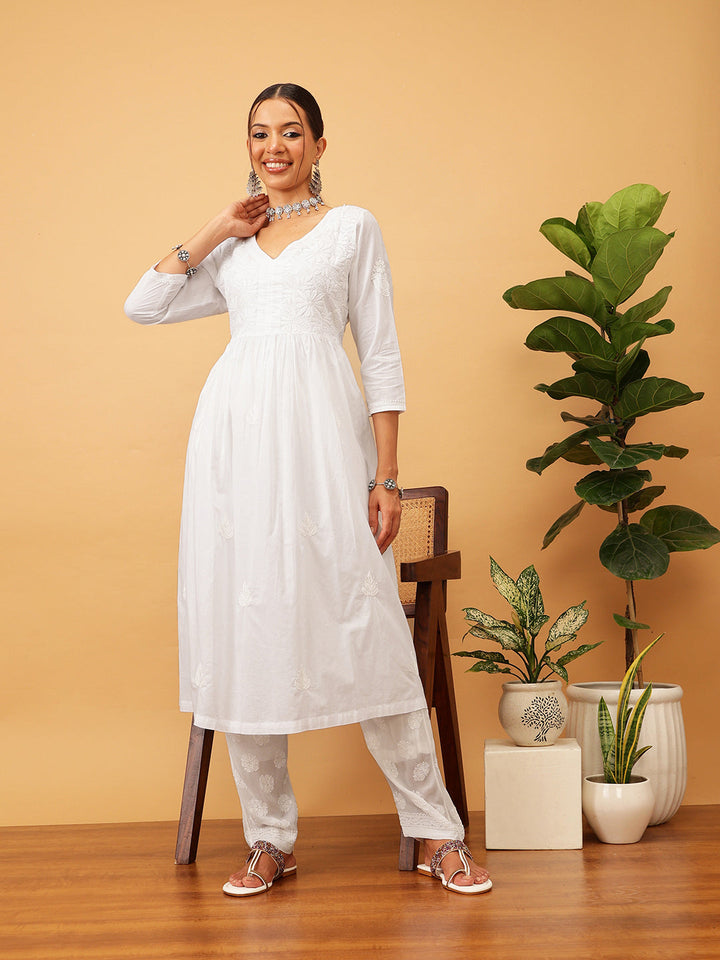 White-Cotton-Floral-V-Neck-Chikankari-A-Line-Kurta