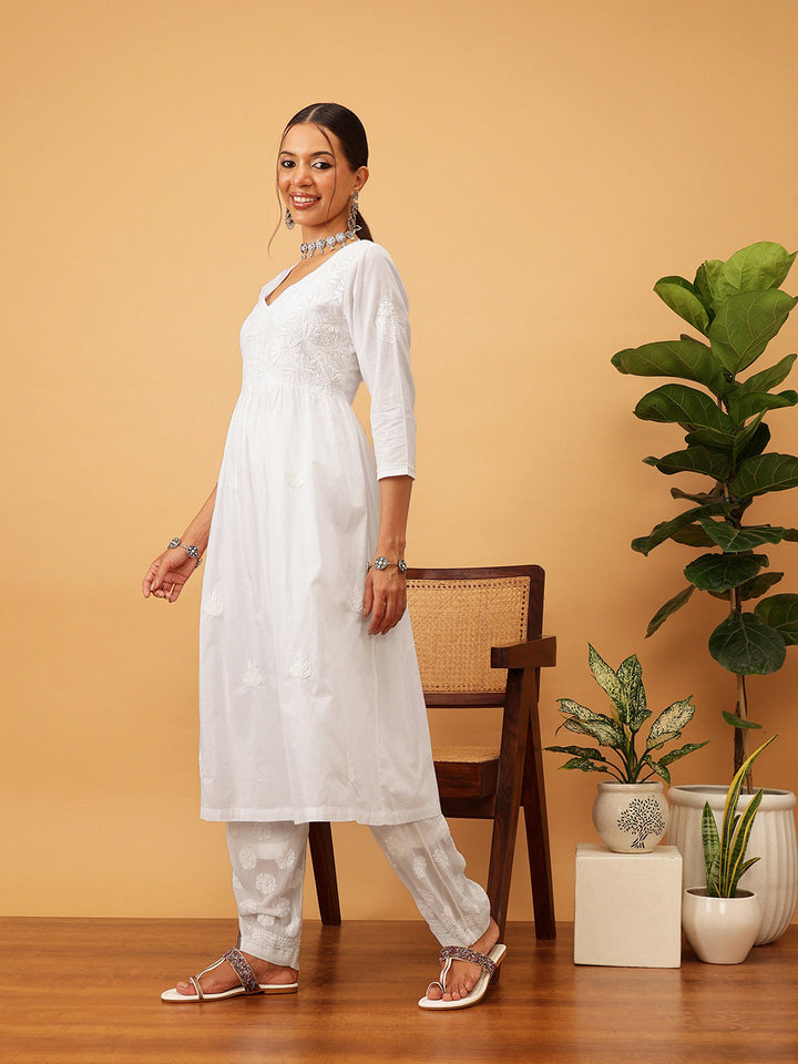 White-Cotton-Floral-V-Neck-Chikankari-A-Line-Kurta