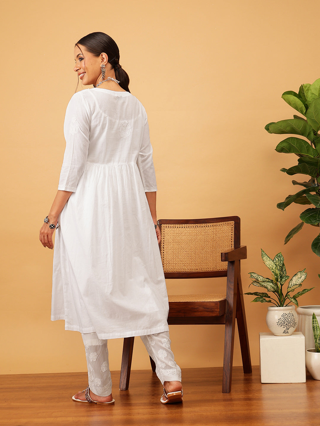 White-Cotton-Floral-V-Neck-Chikankari-A-Line-Kurta