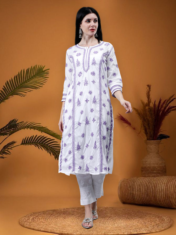 White & Mauve Cotton Hand Embroidered Chikankari Kurti